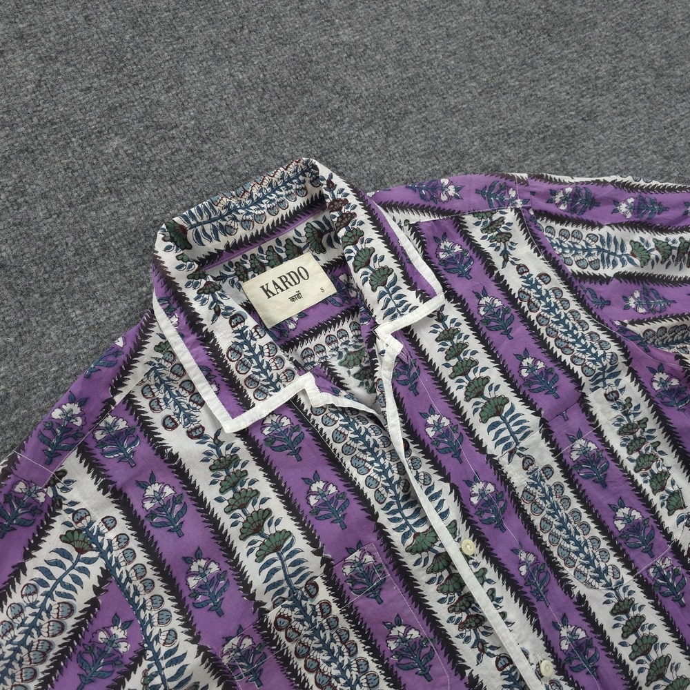 Kardo Shirt Mens Small Purple Floral Stripe 4 Pocket Casual Handmade In India